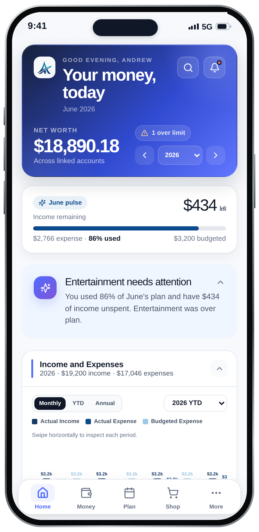 Allontas home screen showing net worth, monthly budget remaining and an income versus expenses chart